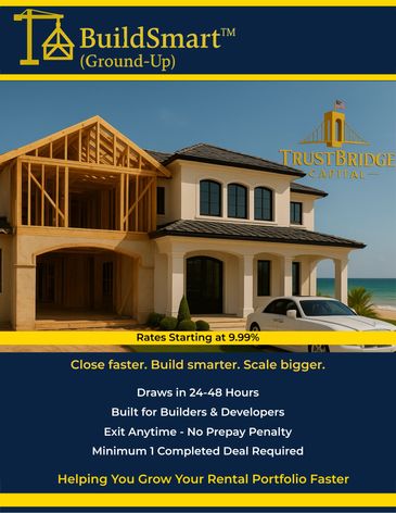 BuildSmart™ Ground-Up loan flyer, TrustBridge Capital branding, coastal home under construction.