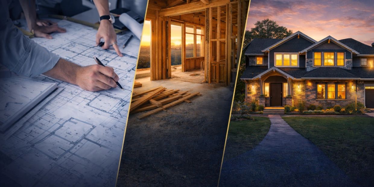 Three stages of home building: planning, framing, and finished house at sunset.