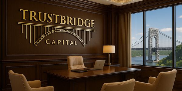Elegant TrustBridge Capital office with branding wall and large window view of a suspension bridge.