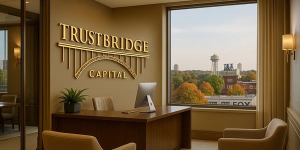 Luxury TrustBridge Capital office with branded gold wall logo