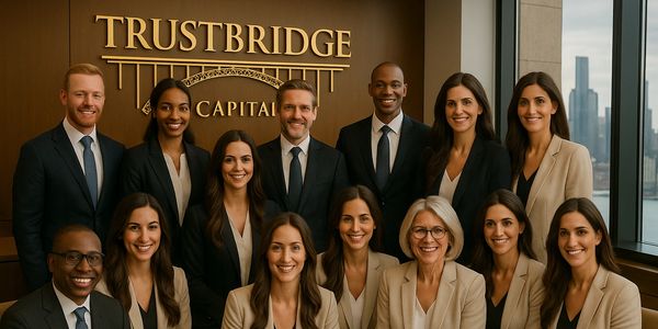 TrustBridge Capital team group photo in office lobby with company logo sign in the background.