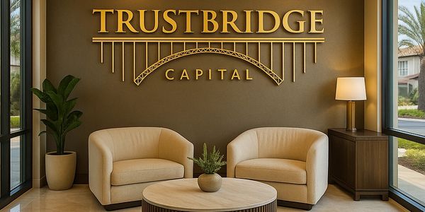 TrustBridge Capital office lobby with modern seating and branding.