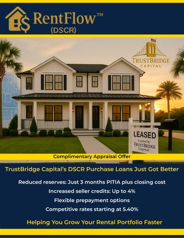 RentFlow™ DSCR loan flyer with rental property and TrustBridge Capital branding.