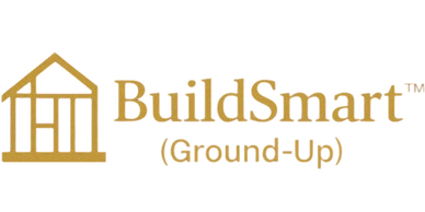BuildSmart™ Ground-Up construction loan program logo with gold house frame icon.