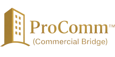 ProComm™ Commercial Bridge loan program logo with gold building icon on black background.