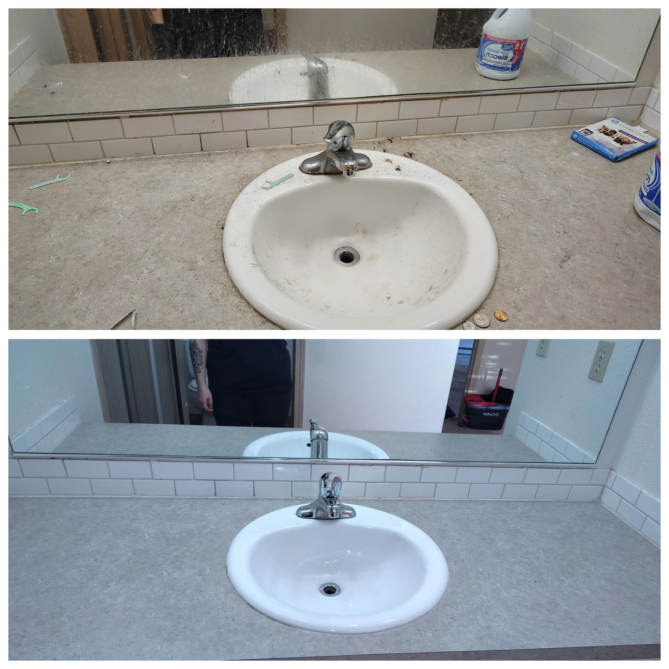 Comparison of a dirty and clean bathroom sink.