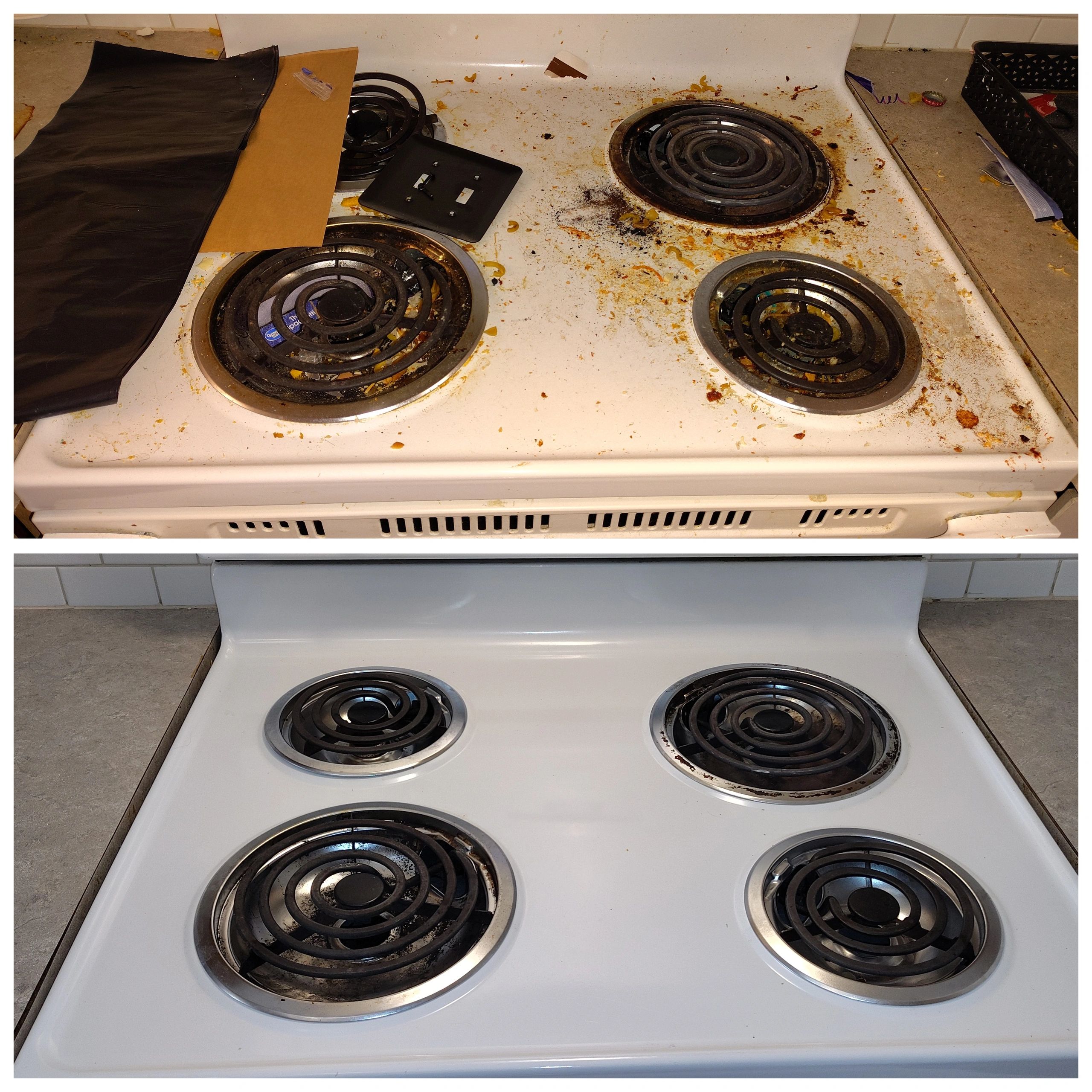 Comparison of a dirty and a clean stove.