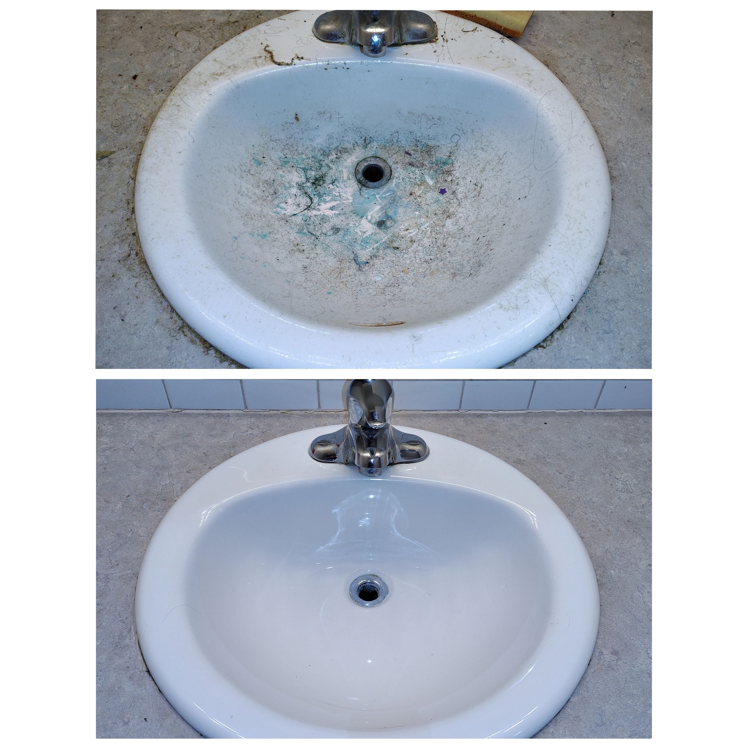 Dirty and clean bathroom sinks comparison.