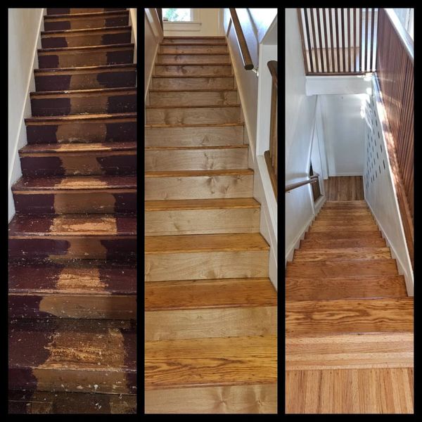 Stairs restored, showing before and after, sanded back and treated as per the customers requirements.
