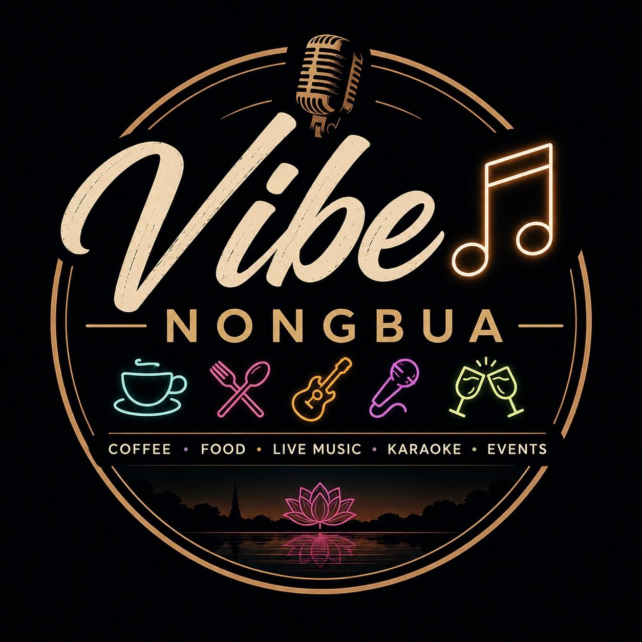 Vibe Nongbua logo with icons for coffee, food, live music, karaoke, and events.