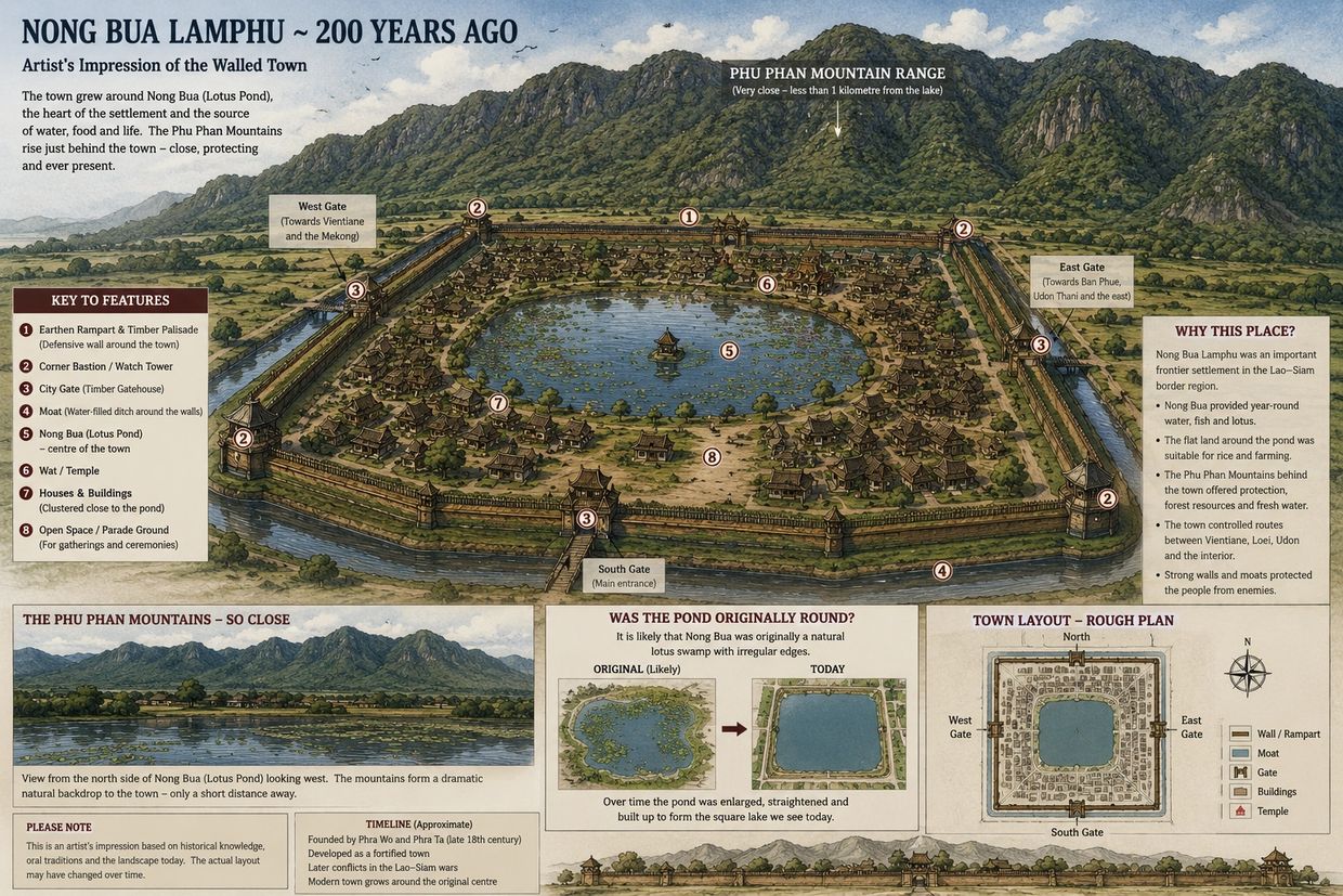 Illustrated map of Nong Bua Lamphu town from 200 years ago with detailed features and mountain backdrop.