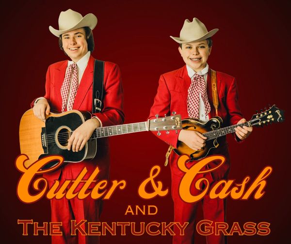 Two young musicians in red western suits with guitars, promoting Cutter &amp; Cash and The Kentucky Grass.