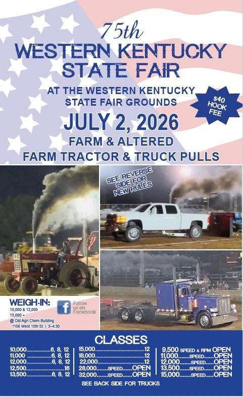Flyer for the 75th Western Kentucky State Fair tractor and truck pulls event on July 2, 2026.