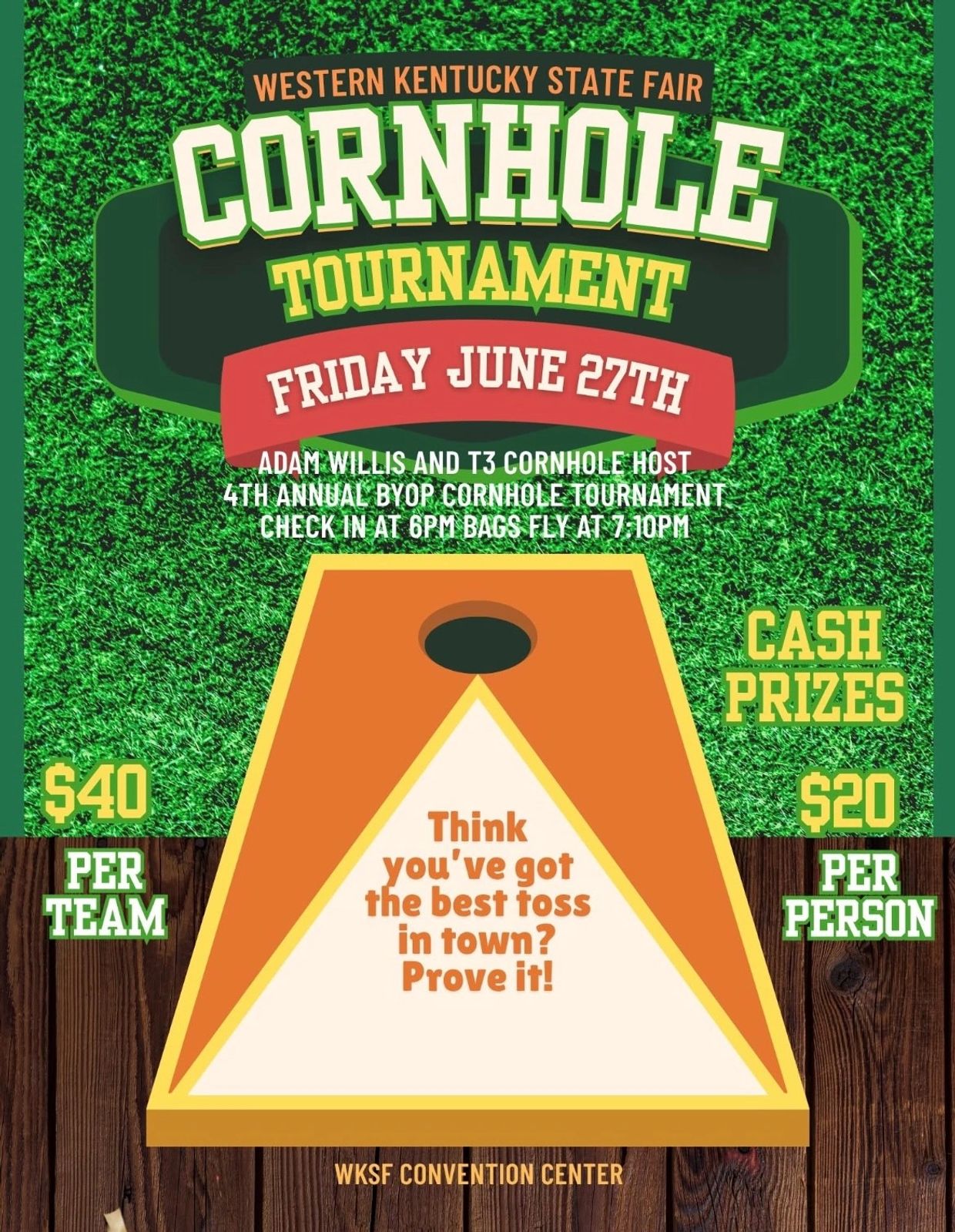 Fly your bags at the Western Kentucky State Fair Cornhole Tournament on June 27th.