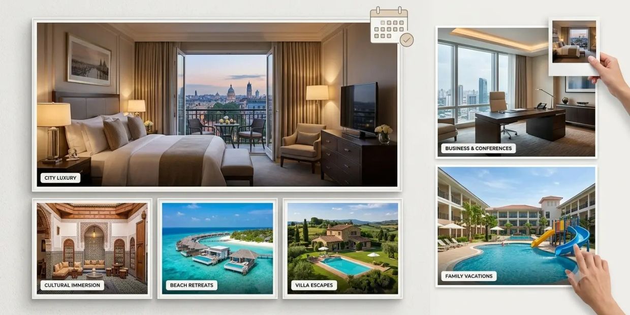 Hotel booking options for city, beach, resort, business and family stays worldwide