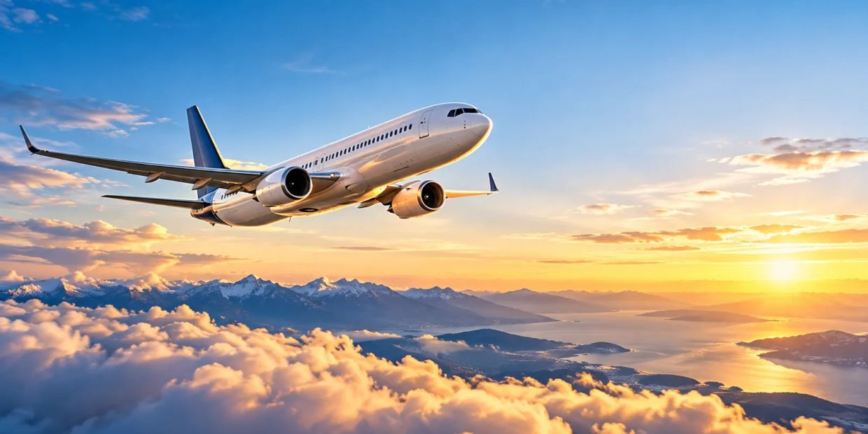 Airplane flying over mountains during sunset.