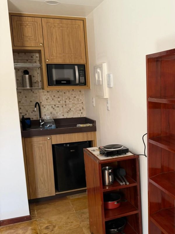Compact kitchenette with wooden cabinets, microwave, and small cooking area.