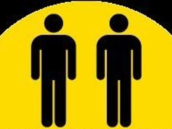 Two black human figures on a yellow background.