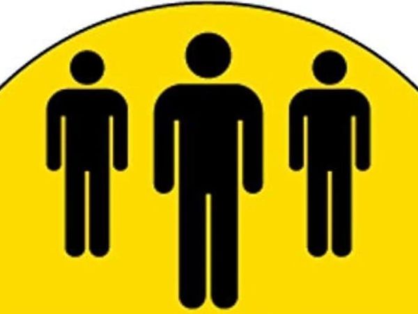 Three black human figures on a yellow background with the middle figure larger.