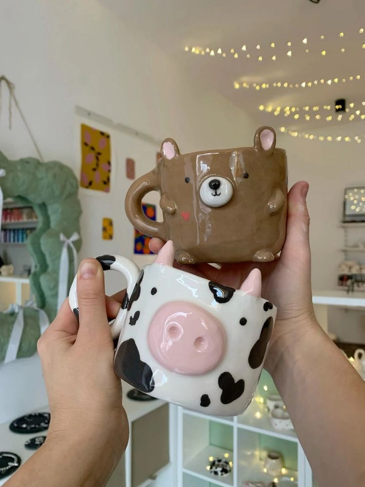  Aesthetic handmade mugs by Ceremora, 
bear and cow themed. cute and pinteresty