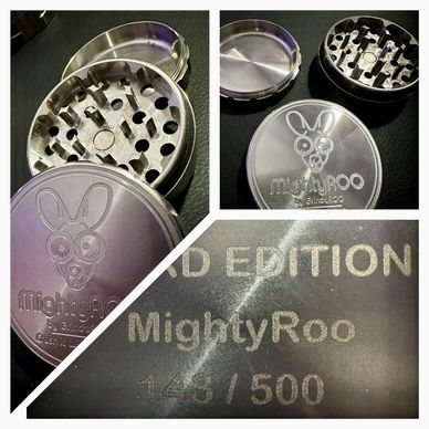 Grinderoo MightyRoo stainless steel special edition grinder view from bottom with production number  