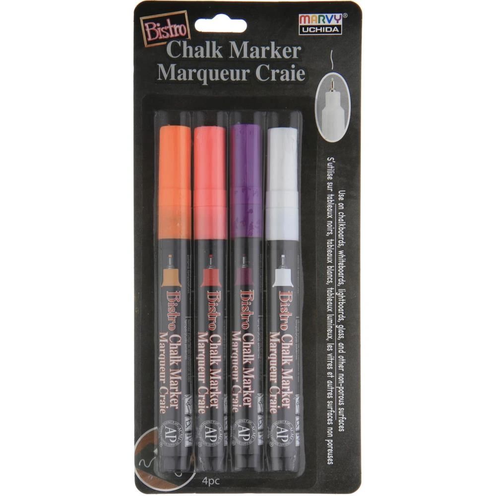 Bistro Chalk Marker Fine Point Set 4/Pkg-Fluorescent Violet, Orange, Red & White