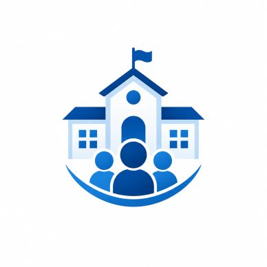Blue school building with people icons.