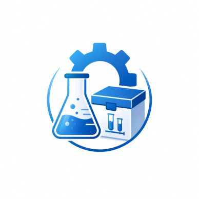 Blue science lab icons including a flask, test tubes, and a gear.