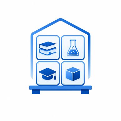 Blue education icons in a house shape.