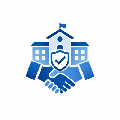 Handshake in front of a secure institutional building.