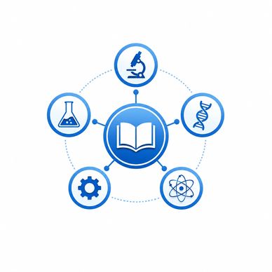 Science and research icons surrounding a book symbol.