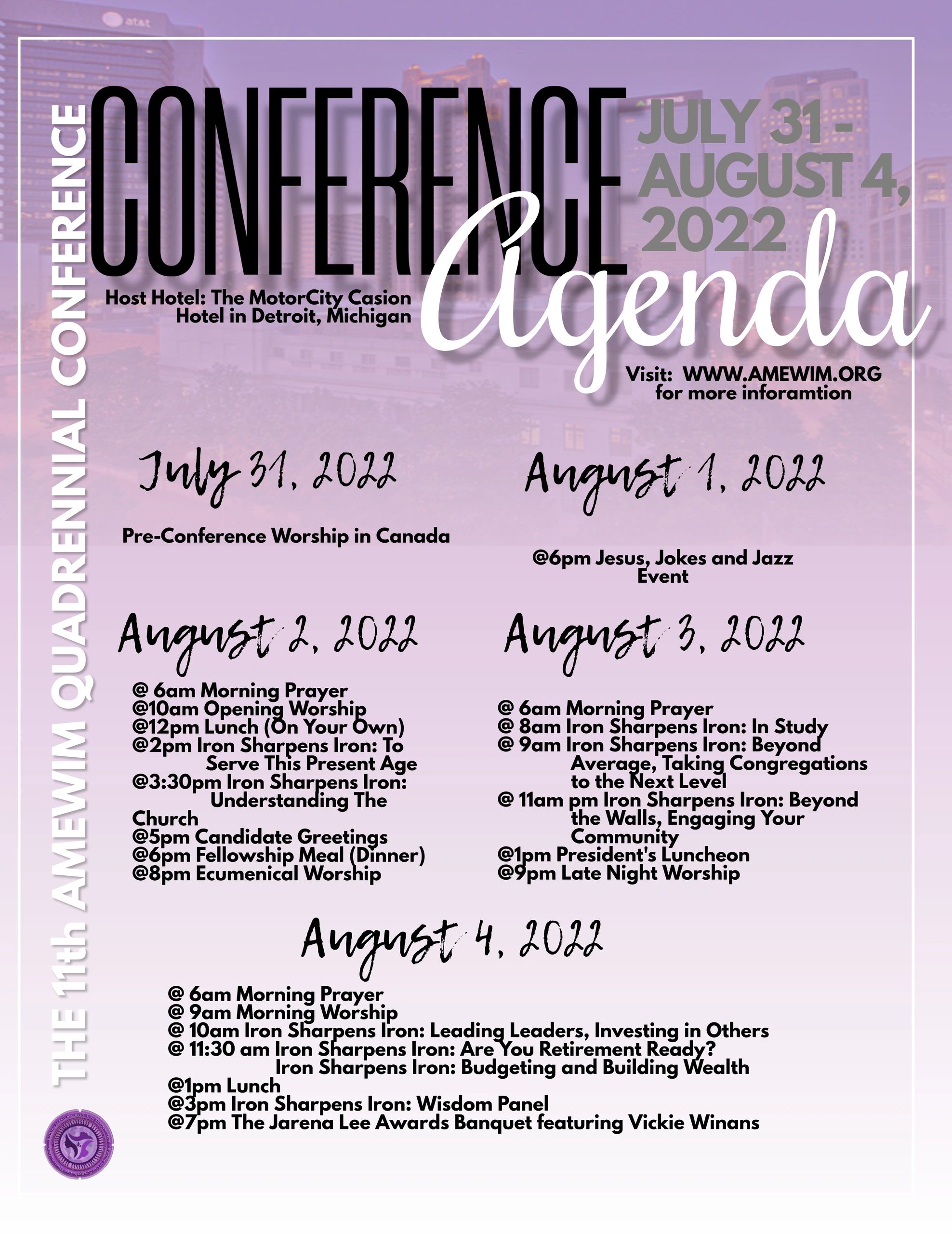 Conference agenda for July 31 - August 4, 2022 in Detroit, Michigan.