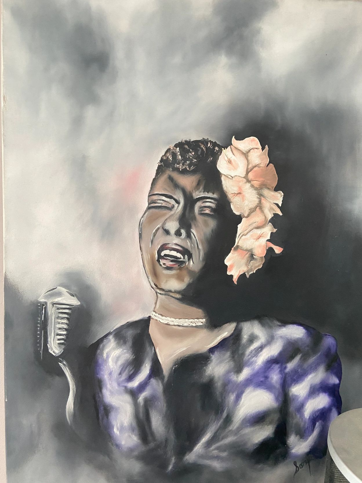 Emotional painting of a female jazz singer with a flower in her hair.