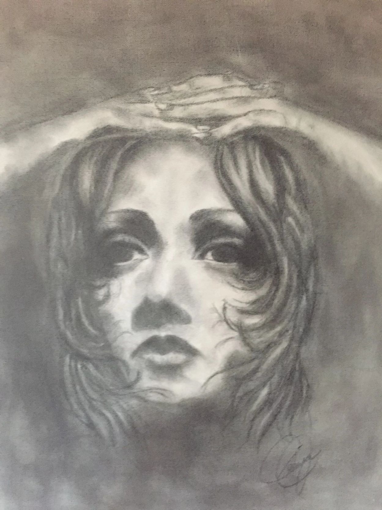 Charcoal portrait of a sorrowful woman with hands on her head.