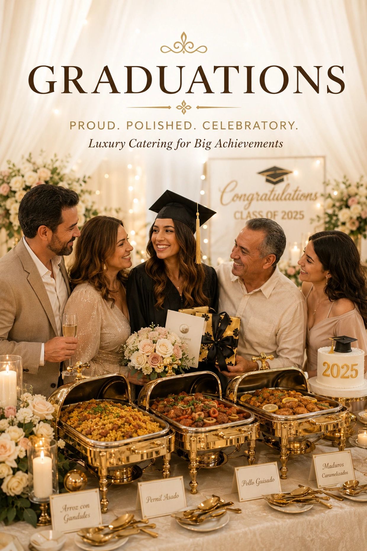 Family celebrating a graduation with luxury catered food.