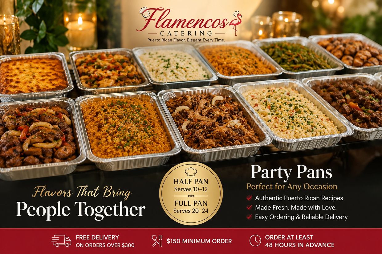 Catering party pans with Puerto Rican dishes.