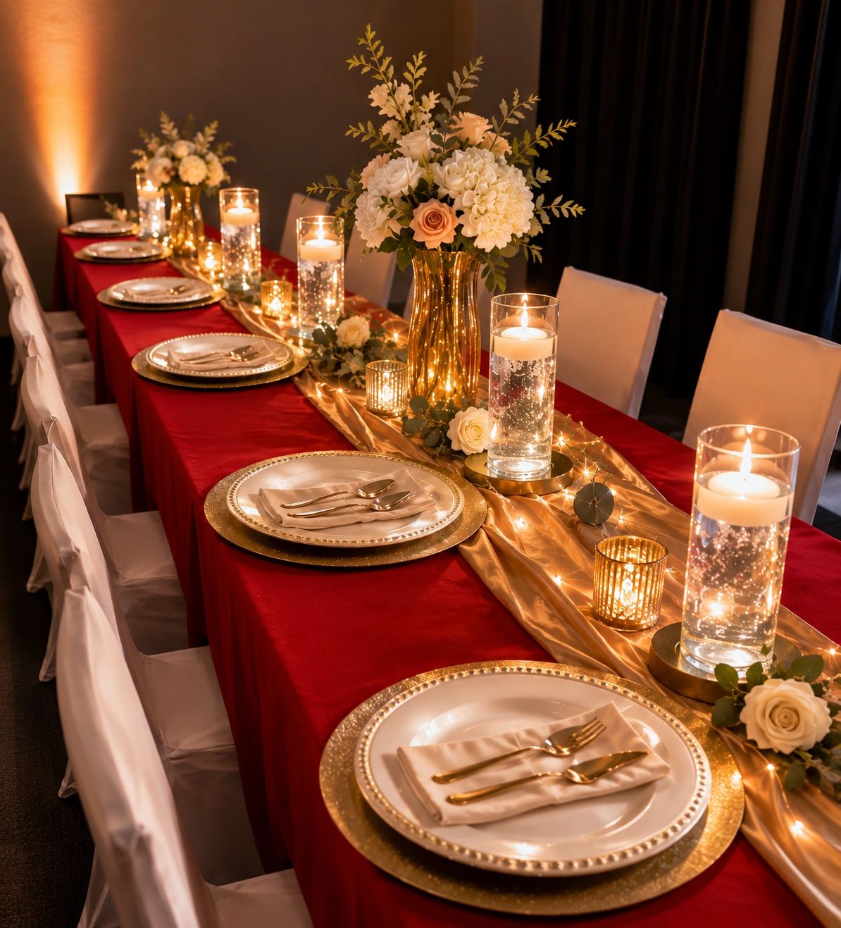 Elegant table setting with red, gold, and white decor.