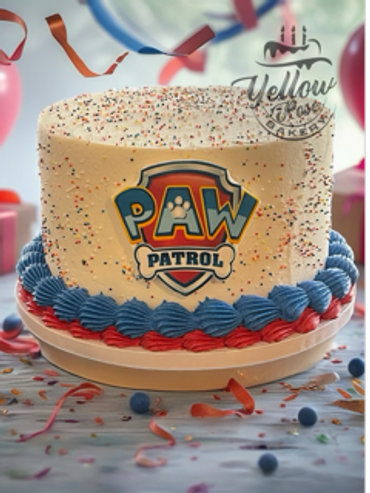 Colorful Paw Patrol cake with sprinkles, red and blue icing borders.