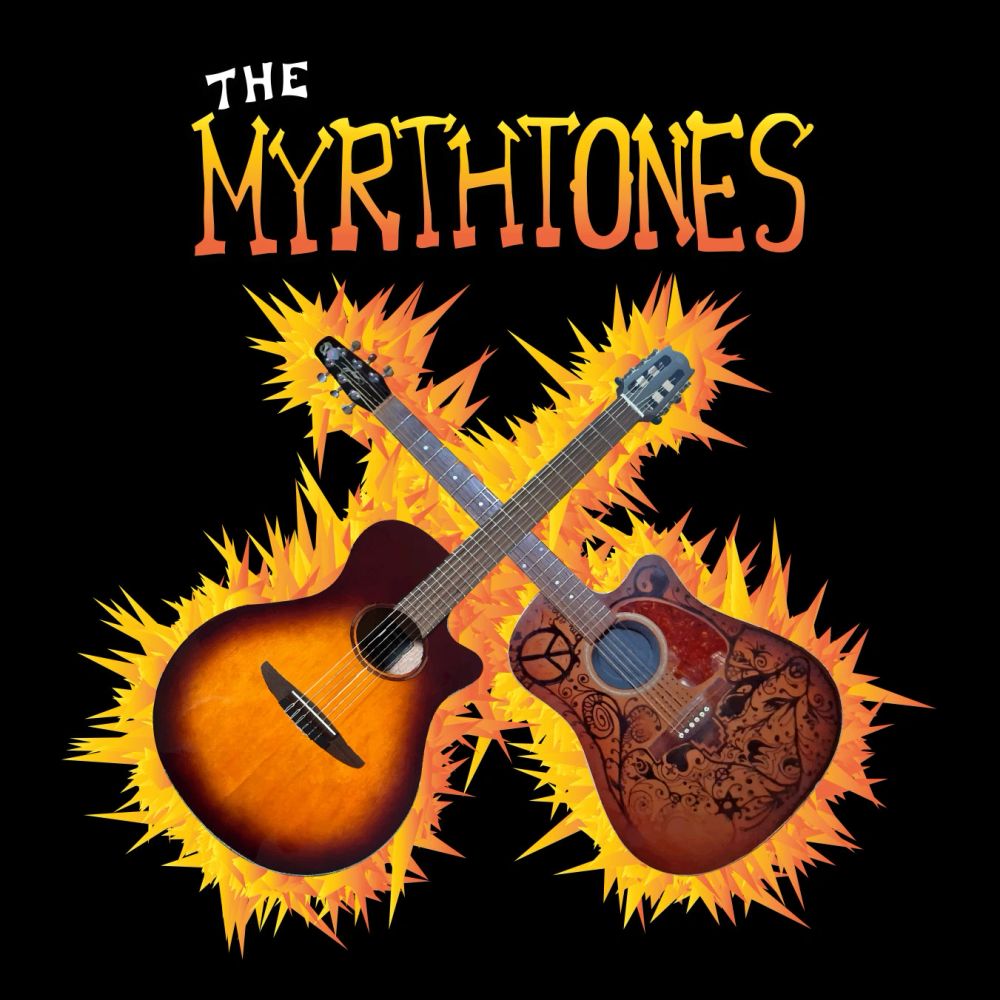 Logo with two crossed guitars and fiery background.