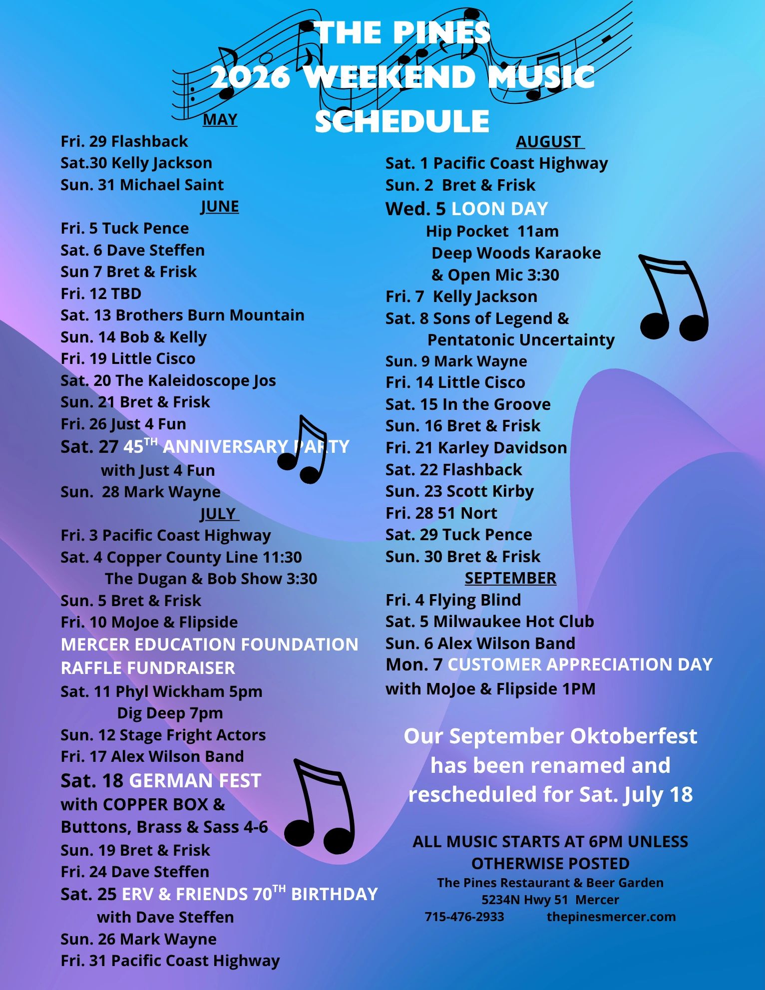 The Pines 2026 weekend music schedule with monthly artist line-ups and special events.