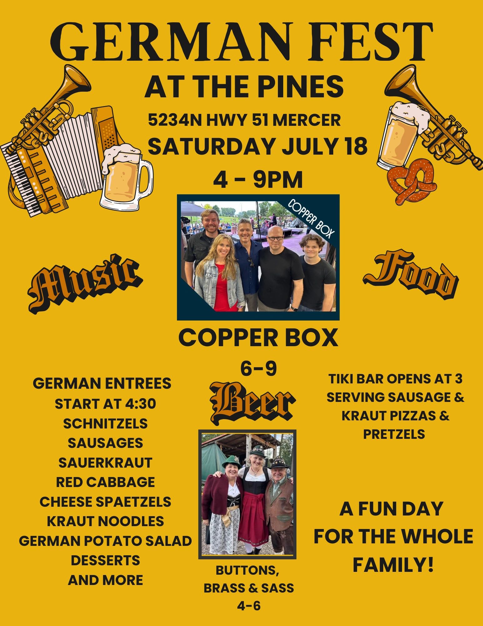 Flyer for German Fest with music, food, and beer at The Pines on July 18 from 4-9 PM.