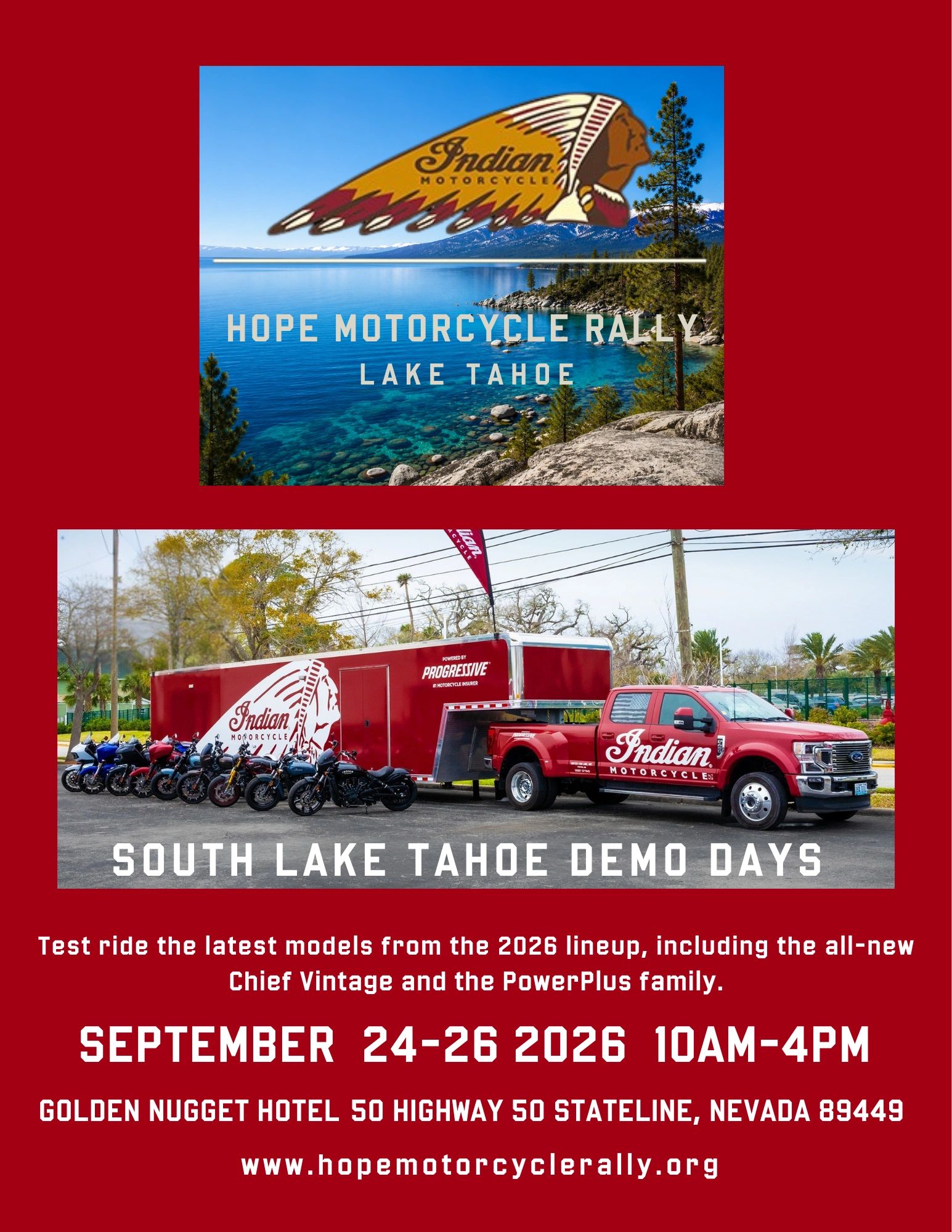 Indian Motorcycle event at Lake Tahoe, Sept 24-26, 2026.
