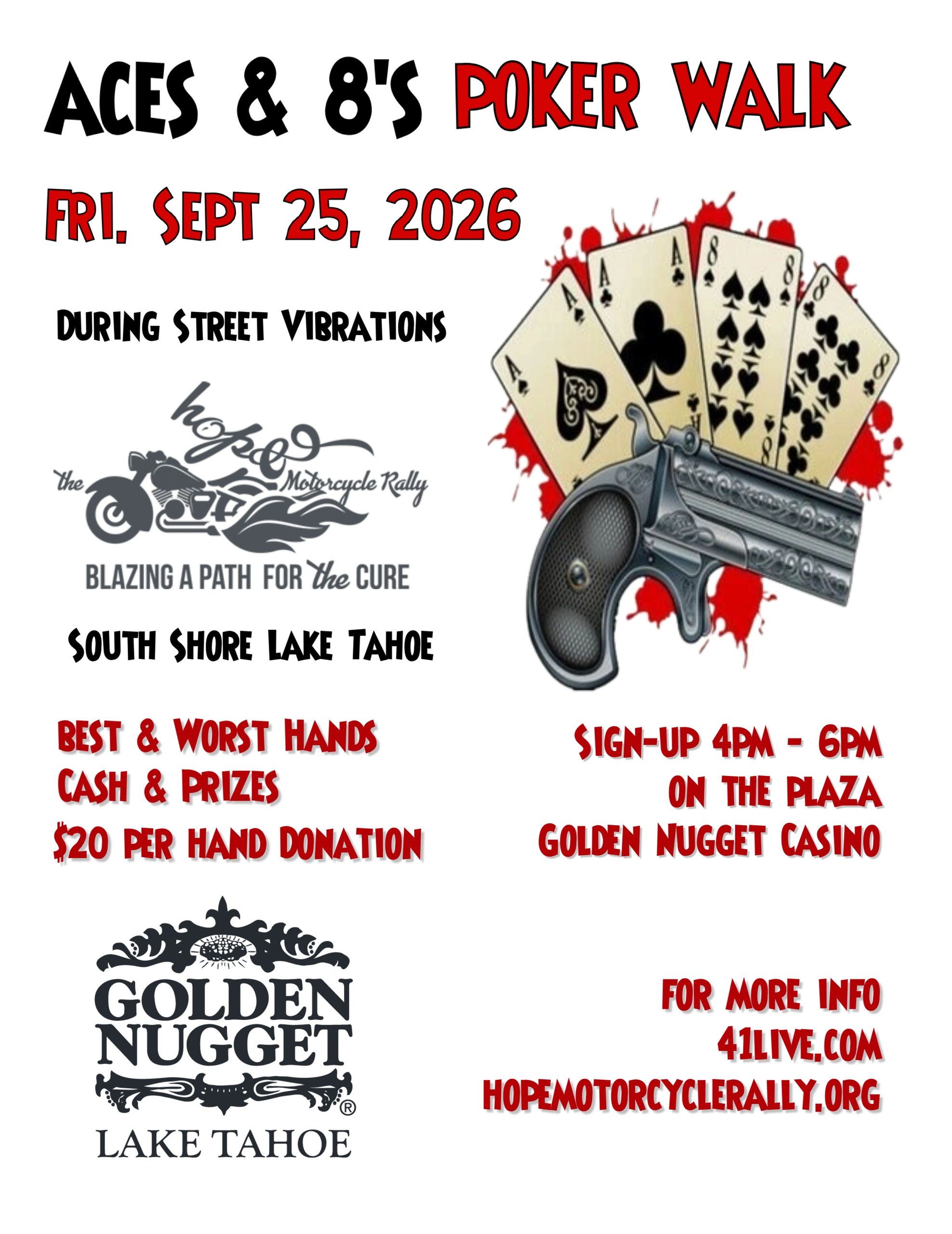 Flyer for Aces &amp; 8's Poker Walk event in Lake Tahoe on Sept 25, 2026.