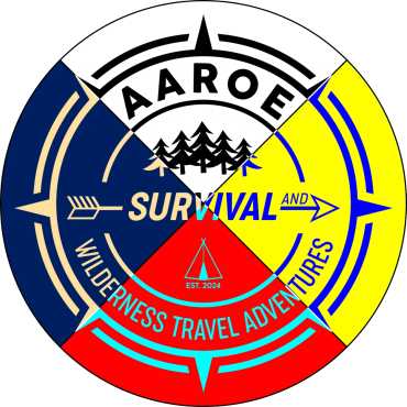 Colorful circular logo with wilderness and survival theme.