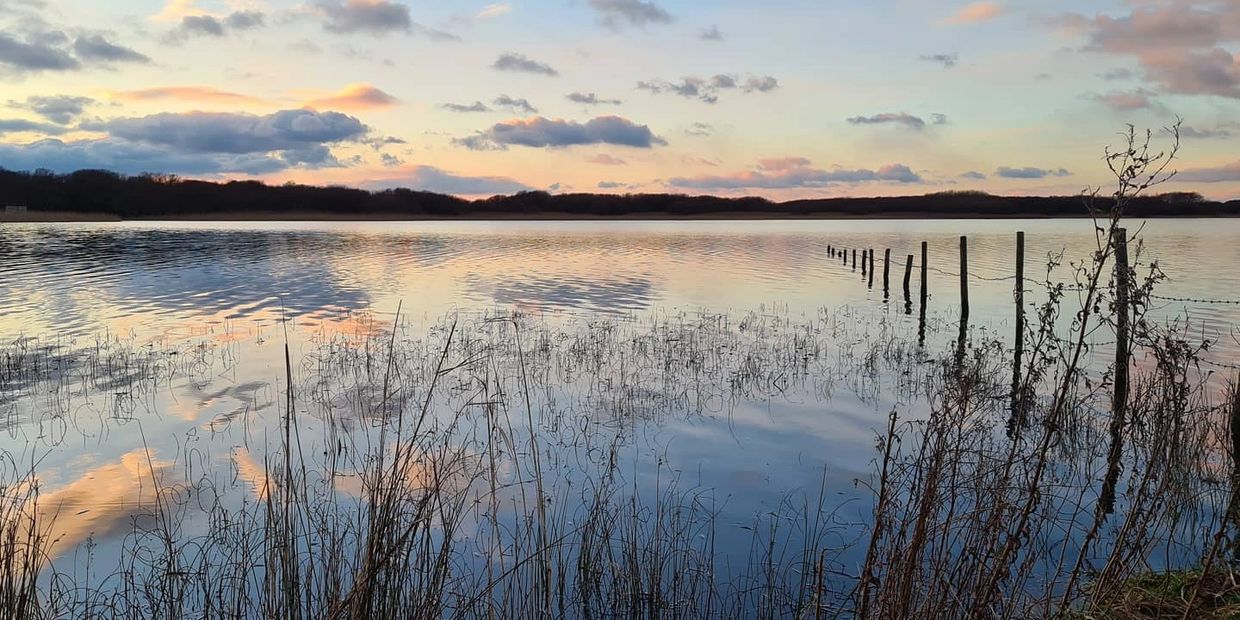 Sunset over a calm lake with reflections and silhouetted vegetation.

Kenfig Pool near Porthcawl
