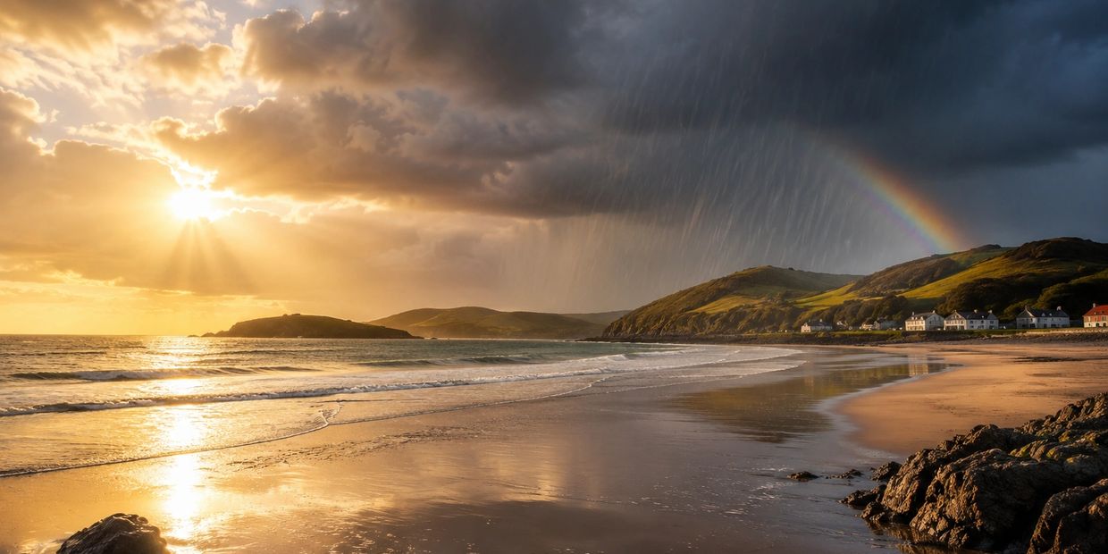 Sunset over a beach with rain and a rainbow in the background.