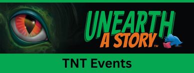 Text stating "Unearth a  Story" and images of a dragon eye and a small blue dinosaur.