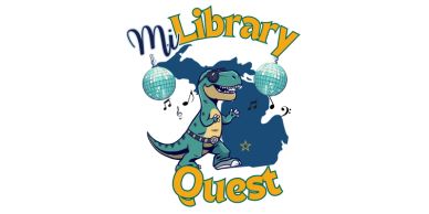 Logo stating "MiLibraryQuest" and images of a dancing dinosaur, disco balls, and the state of Michig