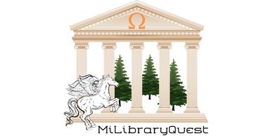 Text stating MiLibraryQuest and a pegasus in front of columns and pine trees behind them