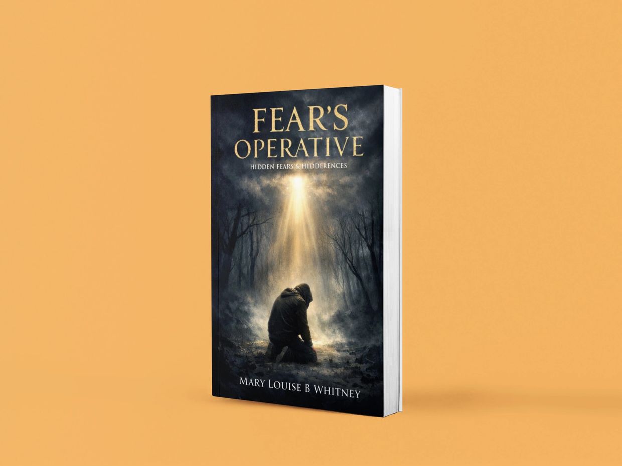 Book cover of 'Fear's Operative' showing a person kneeling under a beam of light in a dark forest.
